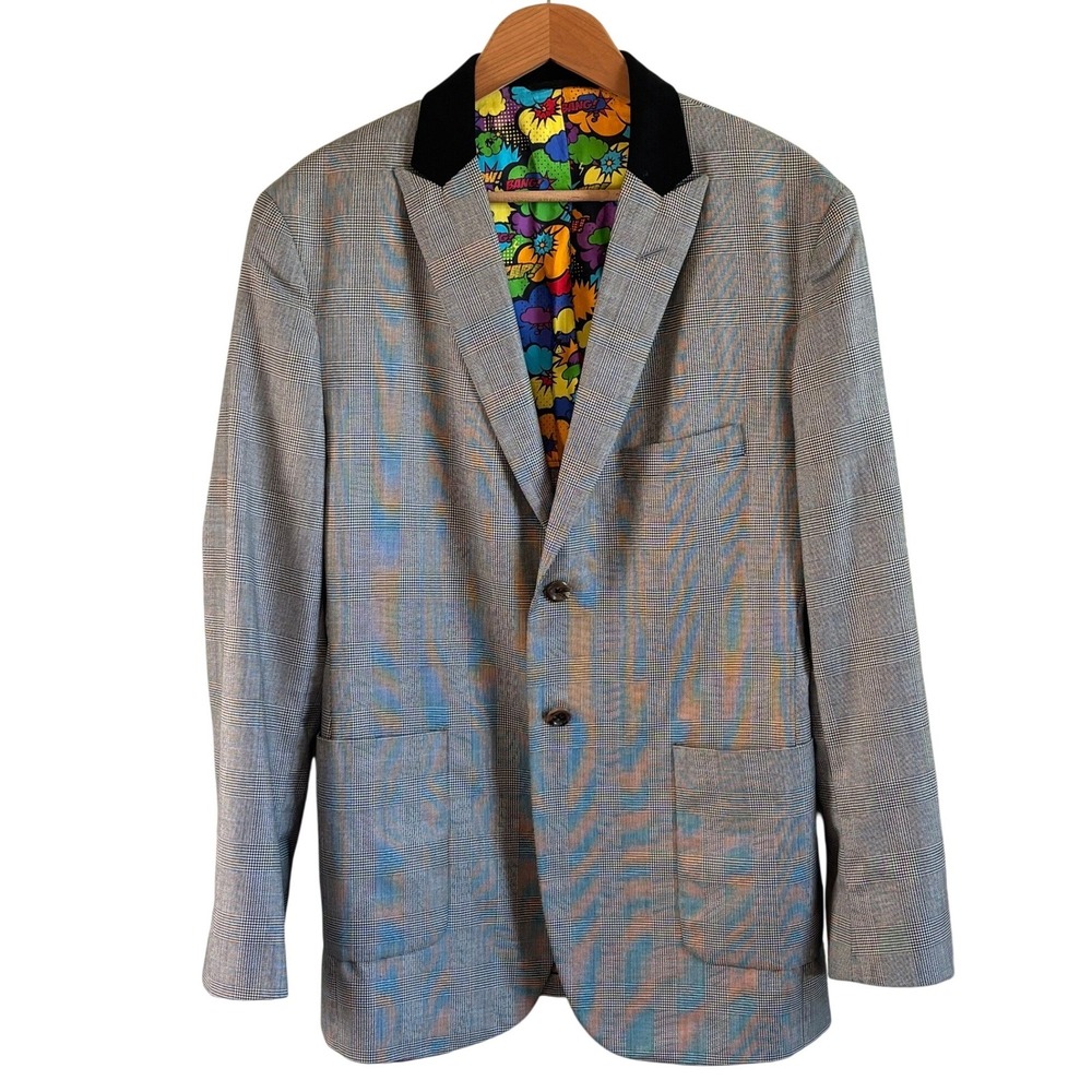 Royal Classic Blazer‎ Grey Glen Plaid Mens 40 Pop Art Holland Sherry Velvet Trim